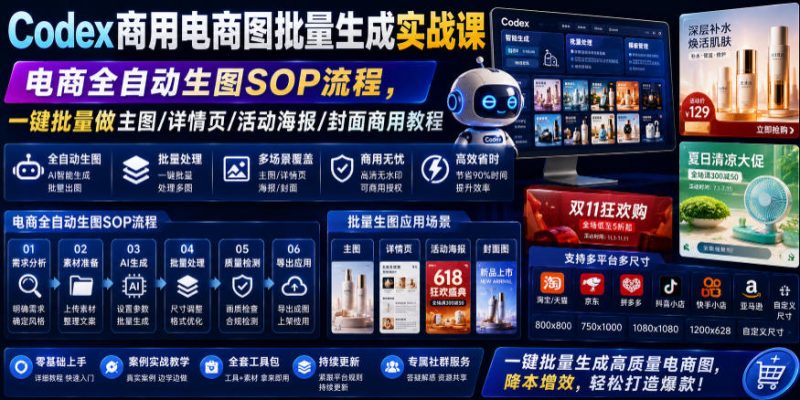 Codex商用电商图批量生成实战课|电商全自动生图SOP流程，一键批量做主图-详情页-活动海报-封面商用教程-多金部落-社群网课资源站